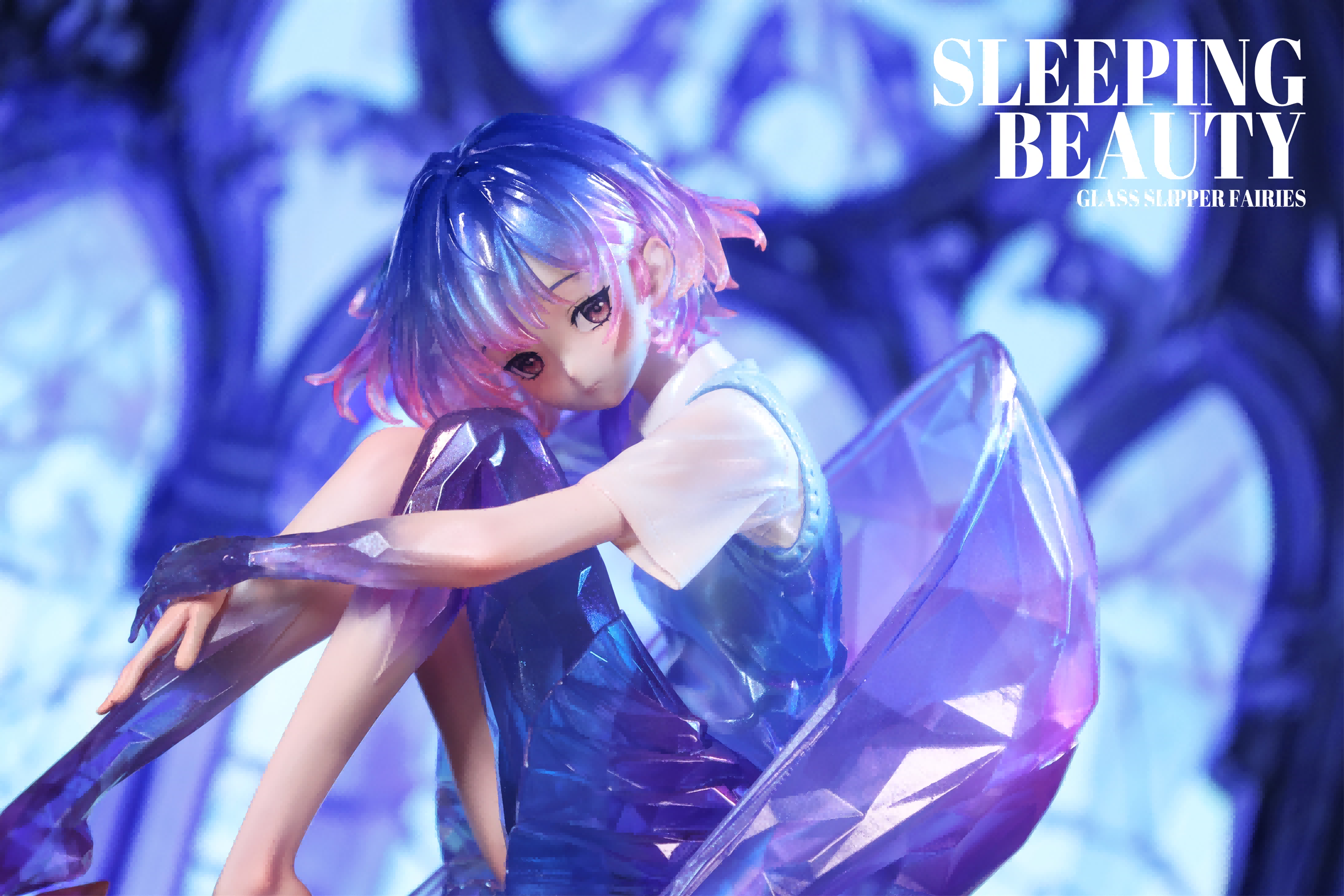 Sleeping Beauty-Glass Slipper Fairies: A resin figure of a cartoon girl with blue and pink hair on a crystal chair, limited edition preorder.