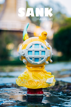 A blind box exclusive: Sank-Raining Day-Morning toy, a whimsical resin figure with a bird motif. Preorder now for Sept 2024. Limited to 199 sets. Dimensions: 8.6cm x 10.4cm x 14.7cm.