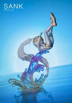 A blind box and art toy store. Alt text: Sank-Whale Fall-Moon River toy figure with wings and helmet in water, dance and swimming theme, resin material, oversized, preorder for Oct 2024.