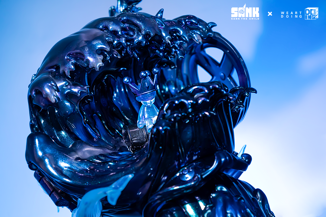 Toy figure titled Sank-Nuclear Sea-Pollution for preorder, featuring a resin figure with a crown, standing on a blue wave. Limited edition of 199 sets.