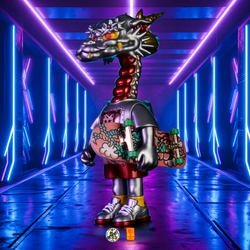 A blind box art toy: OFFART X Horiren Like A Dragon Meow Type Mecha. Toy figure skateboarding in neon-lit hallway, holding skateboard. Dragon-inspired vinyl design, 18CM tall.