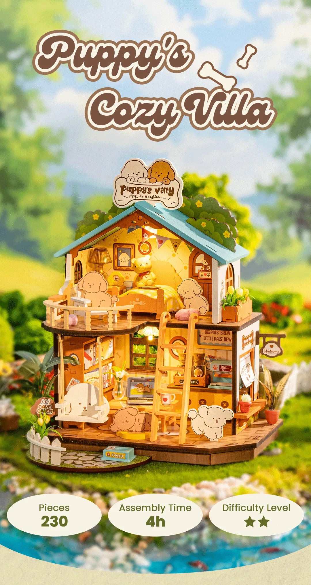 Rolife DIY Miniature House - Puppy's Cozy Villa DG169, features a two-story wooden cabin with a ladder, perfect as a charming canine-themed art toy.