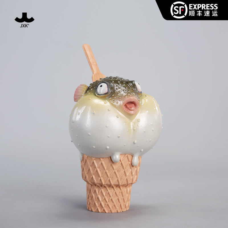 JXK-Pufferfish Ice Cream Figurine - Preorder, resin sculpture shaped like a fish-themed ice cream cone, includes a decorative ice cream spoon.