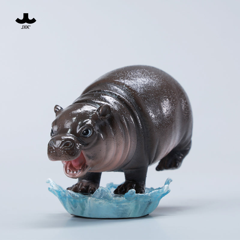 JXK-Baby Hippopotamus Figurine-MooDeng 4.0, a resin toy hippo with open mouth, available for preorder, measuring 10×6.7×6.6cm.