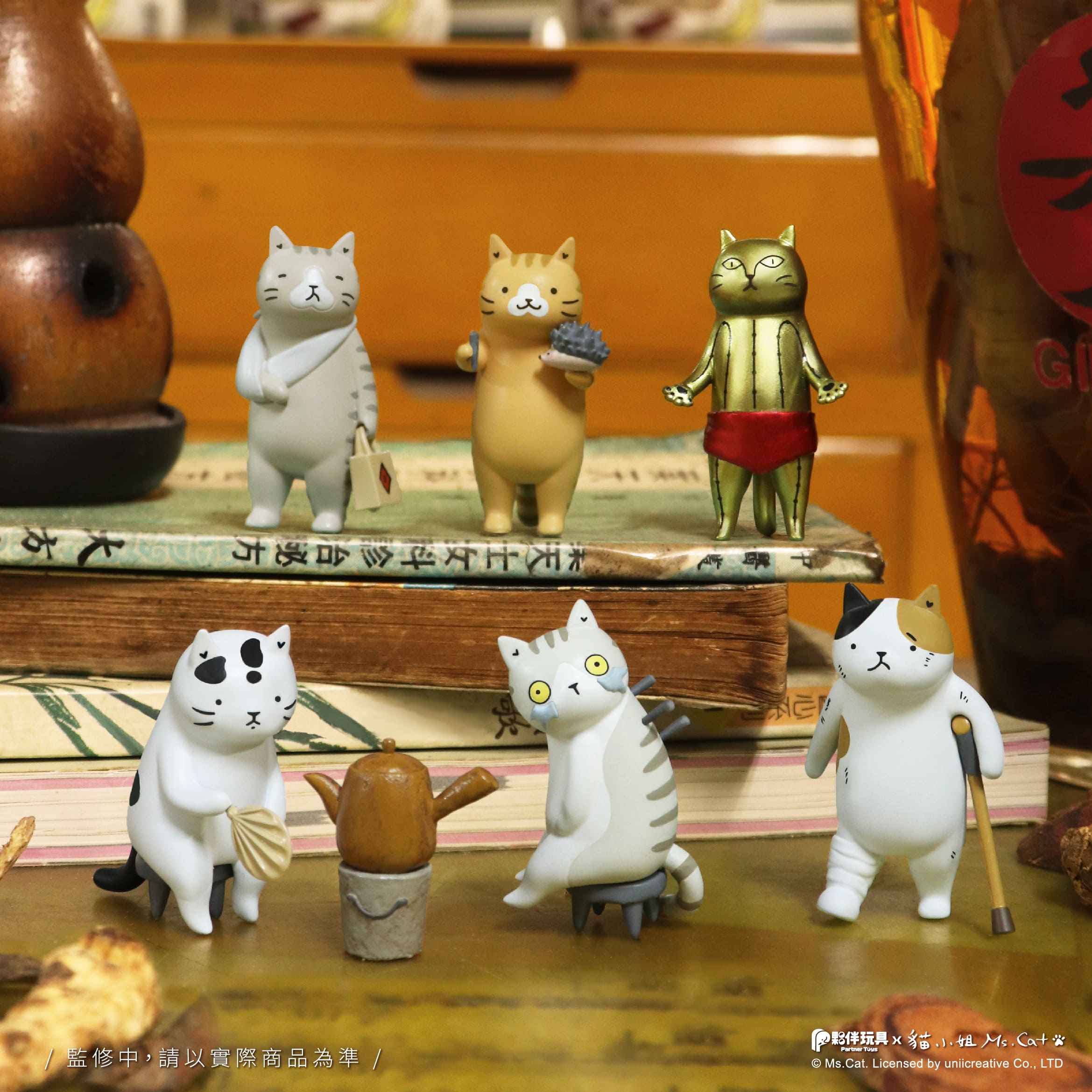 Cat Kung Fu Clinic Blind Box figurines, featuring six unique cat designs in various playful poses, available for preorder from Strangecat Toys.