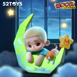 NOOK's Little World Blind Box Series toy depicted on a moon, part of a collectible set with 8 designs and 1 secret option.