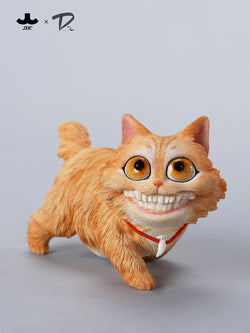 Urban Legends-Grinning Cat Figurine with large eyes and smile, crafted from resin, available for preorder. Includes a bone pendant necklace.