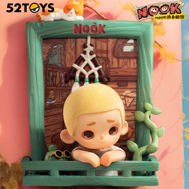 NOOK's Little World Blind Box Series toy close-up, featuring a cartoon-style doll part of a collectible set with 8 designs and a secret variant.