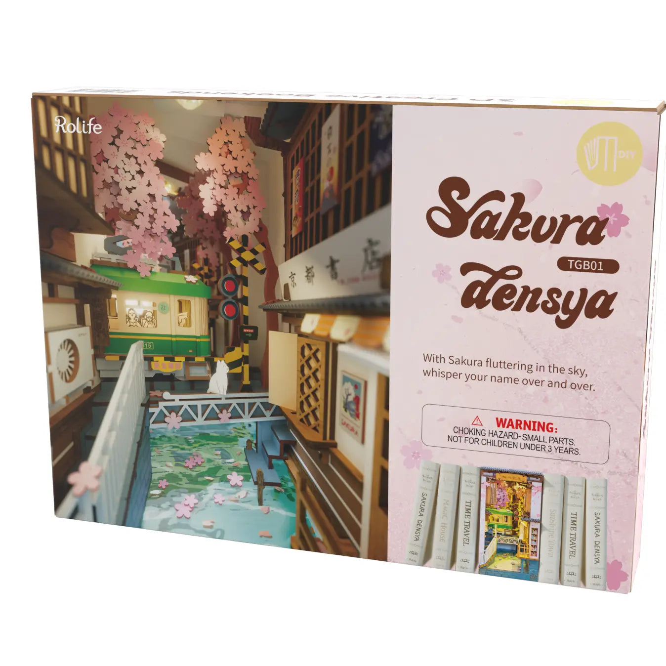 A blind box kit for adults - Sakura Tram book nook. Features a miniature train scene. Dimensions: 9.4 x 3.9 x 7.4 in (23.9 x 9.9 x 18.8 cm).
