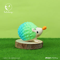 Toy hedgehog from Good Hedgehog and Bad Hedgehog Blind Box Series by Fufufanny, displayed on a wooden surface. Preorder available, shipping Q4 2024.