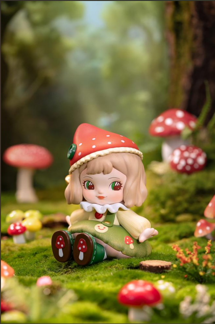 XAXX Robotime Rolife Charline Forest's Children Blind Box featuring a toy girl figurine sitting on grass with mushrooms, part of a surprise figure doll series.