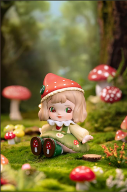 XAXX Robotime Rolife Charline Forest's Children Blind Box featuring a toy girl figurine sitting on grass with mushrooms, part of a surprise figure doll series.