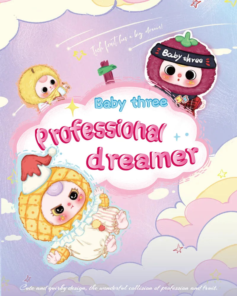 Baby Three Career Dreamer Plush Keychain Series Blind Box poster featuring cartoon baby doll illustrations, part of a collectible series available for preorder.