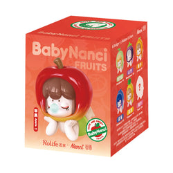 Baby Nanci Fruit Blind Box Series featuring a box with fruit-shaped toys and a cartoon character holding bubble gum, part of a collectible toy set.