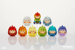 A group of cartoon toys, including a tiger, lion, and more, from the PP X MONSTER Rainbow Daruma Blind Box set.