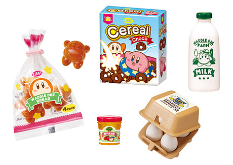 Alt text: Kirby of the Stars Kirby's PuPuPu Market - Re-ment Blind Box Series featuring toys, a cereal box, a bottle, and candy packaging.