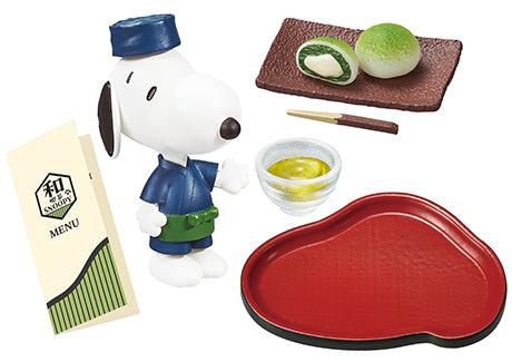 Japanese cafe SNOOPY Re-ment Blind Box Series featuring miniature sushi items and toy accessories, part of an 8-design collection from Strangecat Toys.