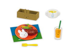 Miffy little cafe Re-ment Blind Box Series featuring a bunny-shaped rice on an orange plate, part of a collectible set of eight designs.