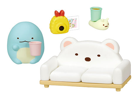 Sumikkogurashi Home Party Re-ment Blind Box Series featuring 8 adorable toy designs. A white bear, yellow toy with red ears, blue toy with a mustache holding a cup. From Strangecat Toys.