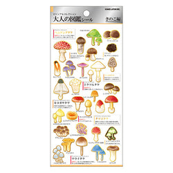 Illustrated Book Mushroom Sticker Sheet featuring cartoon-style mushroom designs on a white background, measuring 50x150mm, ideal for art toy enthusiasts.