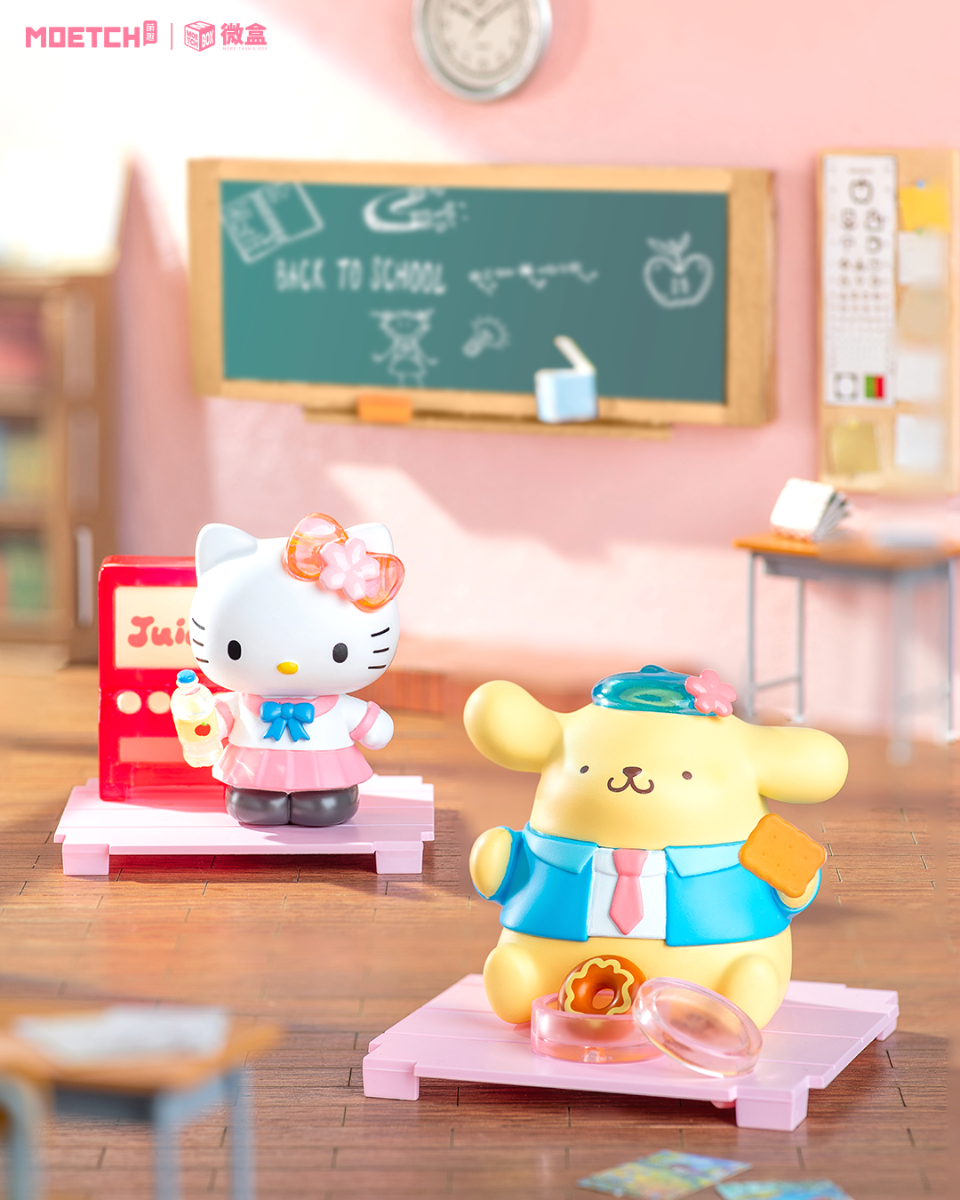 Sanrio characters Star Academy Series Mini Blind Box Pro featuring a white cat doll with pink and blue bows holding a bottle.