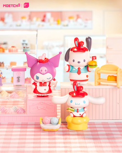 Sanrio characters 24-Hour Restaurant Series Mini Blind Box Max featuring various toy figurines, including a pig and a character holding a burger.