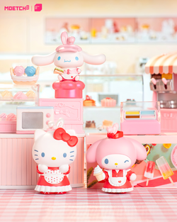 Sanrio characters 24-Hour Restaurant Series Mini Blind Box Max featuring various toy figurines, including a girl in a red dress and a cat doll.