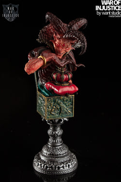 War of Injustice-Chess-Black King - Preorder: Demon statue on pedestal, man holding crown, metal object, red demon with horns.