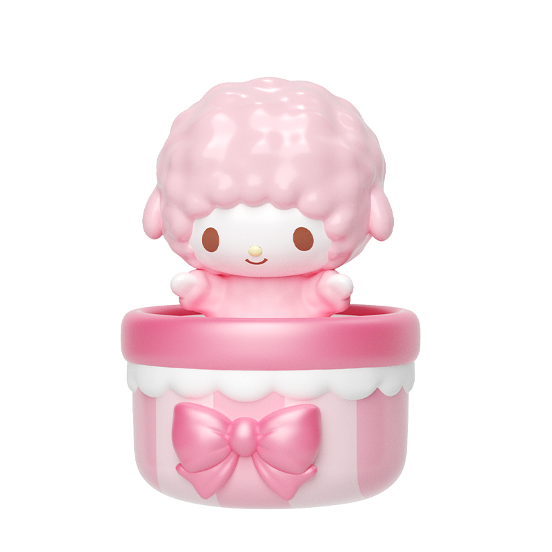 Sanrio characters Pounding Hearts Series Moetch Bean, a pink toy animal in a round container, part of a collectible blind box toy series.