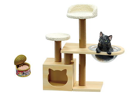 A cat tree with a black cat, a can of food, and a wooden cat face block. Life With Cats Re-ment Blind Box Series from Strangecat Toys.