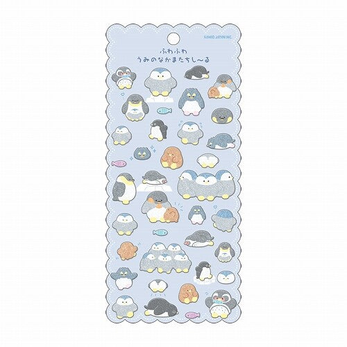 Sticker sheet featuring penguins and fish, titled Sea of Animals Seal Penguins Sticker Sheet. Made from felt, measuring 50x150mm, perfect for art toy enthusiasts.