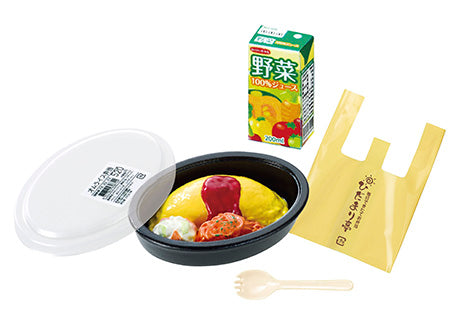 Alt text: Petit Sample Light My Town's Bento Shop Hidamari-tei - Re-ment Blind Box Series with plastic bowl, lid, spoon, and bag.