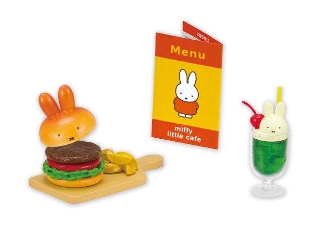 Miffy little cafe Re-ment Blind Box Series showing a toy burger, menu, and green drink, part of an 8-design collectible set.