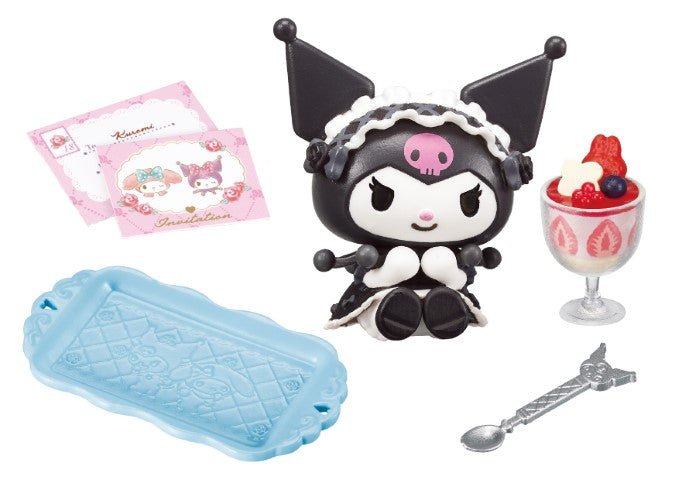 My Melody Kuromi Sweet Tea Party Re-ment Blind Box Series featuring cartoon toy figurines and a dessert-themed accessory in a glass.