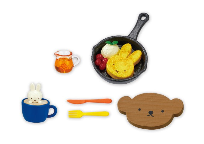 Miffy little cafe Re-ment Blind Box Series featuring toy food in a pan, part of an 8-design collection.