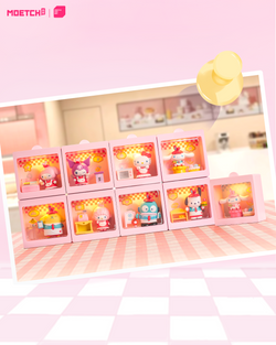 Sanrio characters 24-Hour Restaurant Series Mini Blind Box featuring a variety of small toys, including a toy cat, toy doll, and toy animal holding a hamburger.