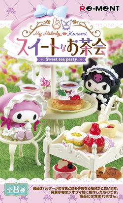 My Melody Kuromi Sweet Tea Party Re-ment Blind Box Series featuring toy tea set with pastries and figures, part of an 8-design collection.