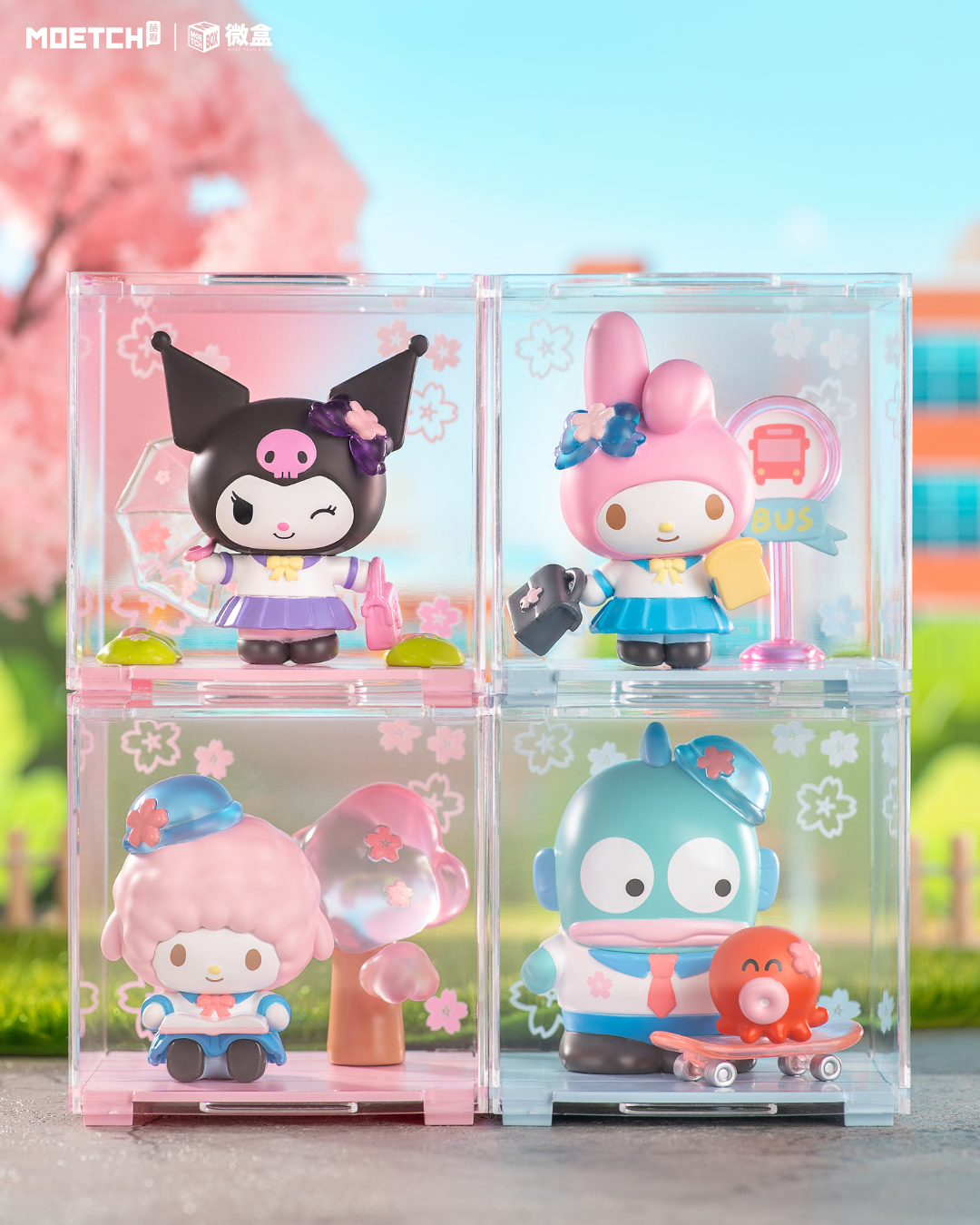 Sanrio characters Star Academy Series Mini Blind Box Pro featuring various toy figurines in a clear plastic case, showcasing eight distinctive designs.