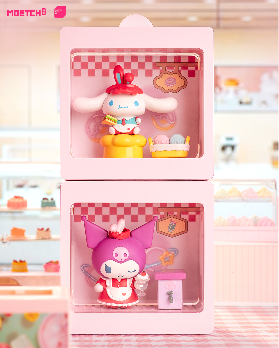 Sanrio characters 24-Hour Restaurant Series Mini Blind Box Max, featuring cartoon toy figurines on a shelf, part of a collectible series with 8 designs.