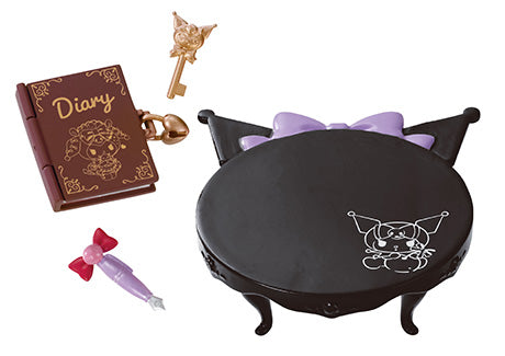 Alt text: Kuromi's Gothic Room - Re-ment Blind Box Series featuring a toy with a key, a diary, and a pen.