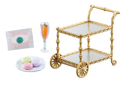 My Secret Tea Time Re-ment Blind Box Series displayed on a gold cart with cookies and a mirror, reflecting Strangecat Toys' art toy theme.