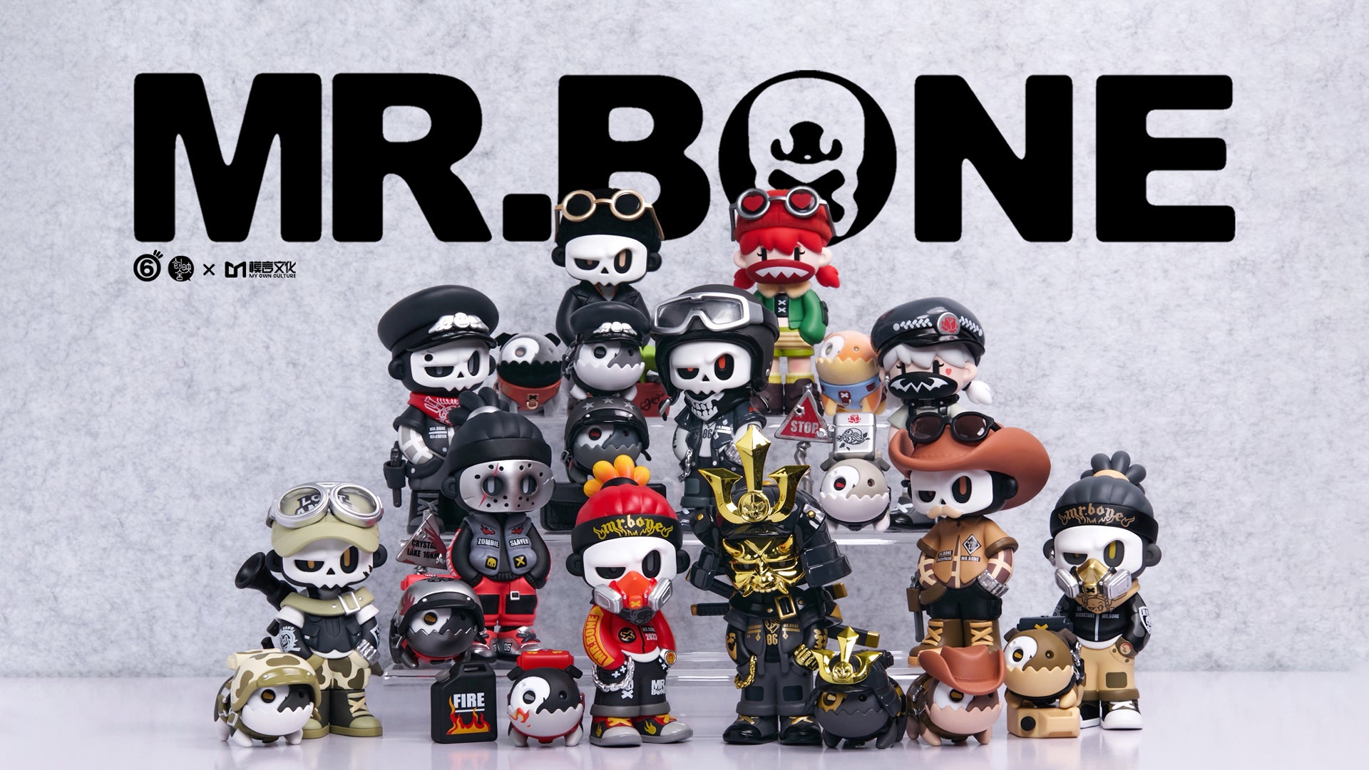 MR.BONE Blind Box Wild One Series featuring toy figurines, including cowboy and gas mask designs, each 12cm tall from Strangecat Toys' unique collection.