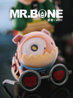 MR.BONE Wild One Dog Blind Box Series toy with black glasses featuring a heart detail. Preorder, includes PVC+ABS material, approximately 4CM tall.