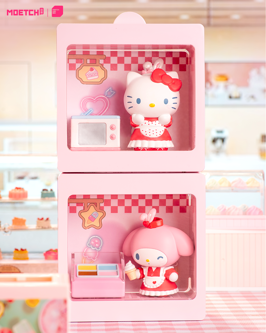 Sanrio characters 24-Hour Restaurant Series Mini Blind Box Max featuring small figurines, includes 8 designs with potential secret, displayed on a pink toy box.