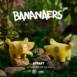 Toy animal figures on rocks, one with a sticker, close-ups of logo and pear, part of OFFART X Kamanwillam Bananaer Dog Mini - Eden Garden 5.0 Flocked Edition - Preorder.