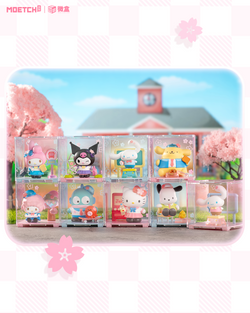 Sanrio characters Star Academy Series Mini Blind Box Pro featuring cartoon figures in clear boxes, showcasing collectible toy designs.