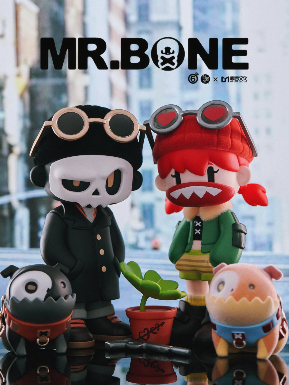 MR.BONE Blind Box Wild One Series toy featuring cartoon characters and a skull-faced figure, part of a 9-design collection with 2 secret styles.