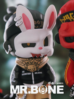 MR.BONE Blind Box Wild One Series toy, featuring a cartoon figurine with a bunny mask and chain details, 12cm tall.