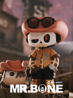 MR.BONE Blind Box Wild One Series toy figurine featuring a cowboy with sunglasses and a cartoon bird, part of Strangecat Toys' collectible series.