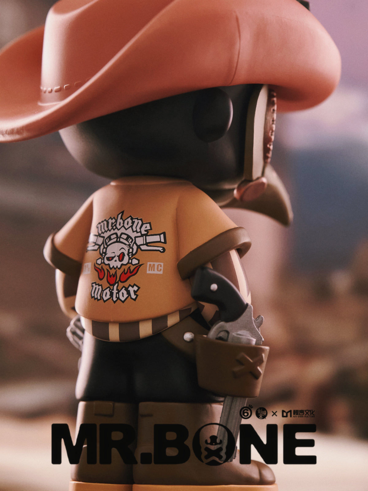 MR.BONE Blind Box Wild One Series toy figure with a cowboy hat and gun, 12cm tall, part of a collectible series with secret designs.